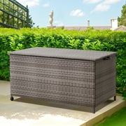 Ainfox Outdoor 120 Gallons Storage Deck Box with Waterproof Liner, Patio Wicker Rattan Bench Bin with Lid, Universal Wheels for Patio Furniture Pillows, Cushions, Gardening Tools(Gradient Grey)