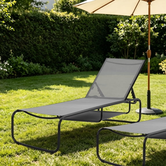 Ainfox Patio Chaise Lounge Chair, 5 Adjustable Positions Outdoor Recliner with Hidden Storage, Breathable Textilene Fabric Steel Frame,Gray