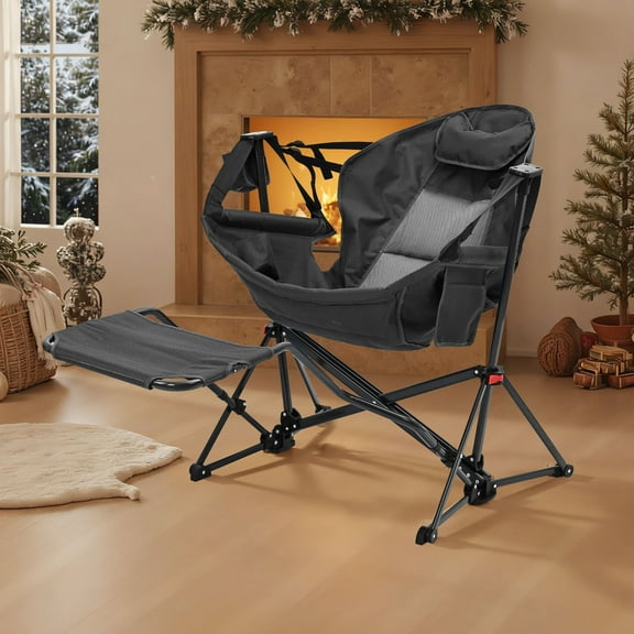 Ainfox Foldable, Portable Rocking Camping Chairs with Footrest, Cup Holder, Pillow, Black