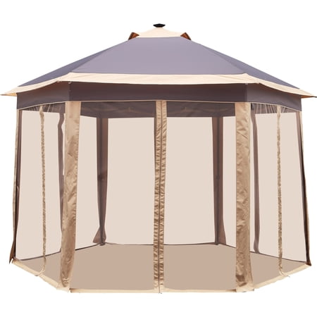 Ainfox Outdoor Hexagonal Gazebo with Mosquito Net Center Light & 6 LED Lights
