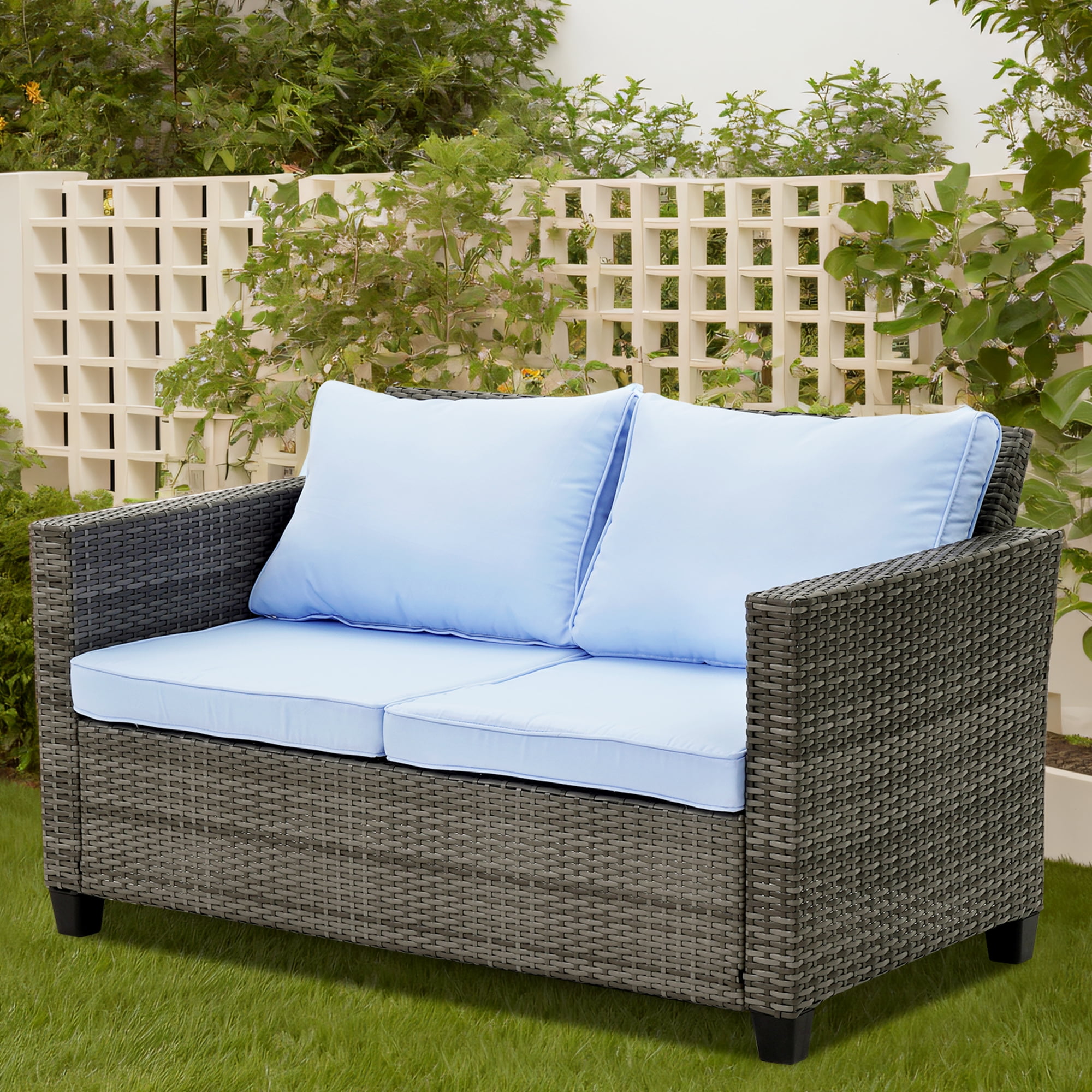 Ainfox Outdoor Patio Furniture Loveseat, Wicker Rattan Sofa（Blue