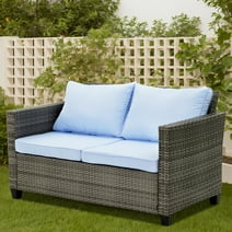 Ainfox Outdoor Patio Furniture Loveseat, Wicker Rattan Sofa（Blue）
