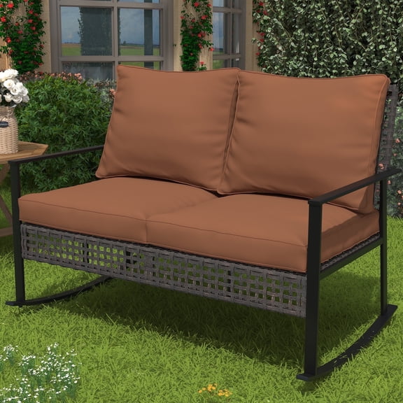 Ainfox Outdoor Patio Furniture Rocking Loveseat, Wicker Rattan Sofa,Brown