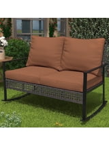 Ainfox Outdoor Patio Furniture Rocking Loveseat, Wicker Rattan Sofa,Brown
