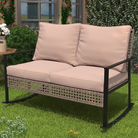 Ainfox Outdoor Patio Furniture Rocking Loveseat, Wicker Rattan Sofa,Khaki