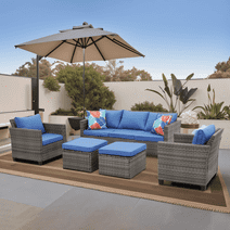 Ainfox Outdoor Patio Furniture Seating Set, 4 Pieces Sectional Conversation Set, Wicker Rattan Chairs Sofa Sets(Navy Blue)