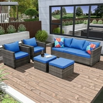 Ainfox Outdoor Patio Furniture Seating Set, 5 Pieces Sectional Conversation Set, Wicker Rattan Chairs Sofa Sets(Navy Blue)