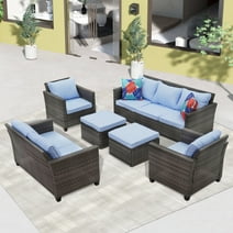 Ainfox Outdoor Patio Furniture Seating Set, 6 Pieces Sectional Conversation Set, Wicker Rattan Chairs Sofa Sets(Blue)