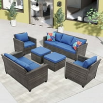 Ainfox Outdoor Patio Furniture Seating Set, 6 Pieces Sectional Conversation Set, Wicker Rattan Chairs Sofa Sets(Navy Blue)