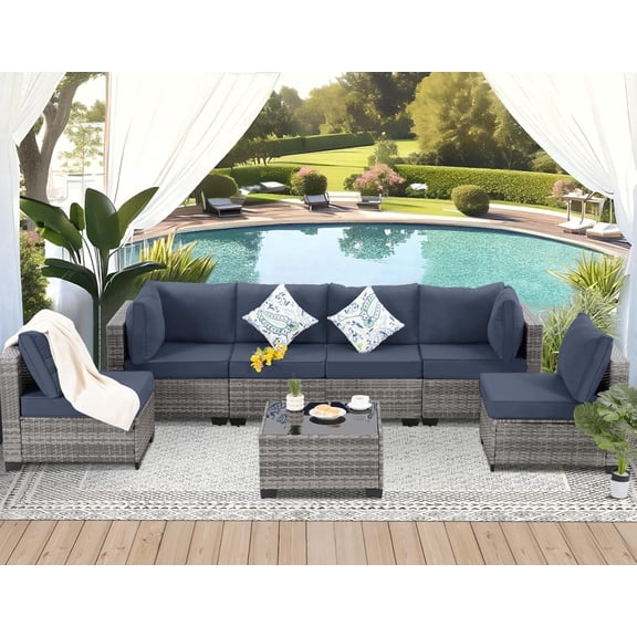 Ainfox 7 Piece Outdoor Patio Furniture Sofa Set on Sale, Grey Rattan Blue Cushion
