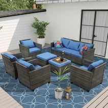 Ainfox Outdoor Patio Furniture Seating Set, 7 Pieces Sectional Conversation Set, Wicker Rattan Chairs Sofa Set（Navy Blue）