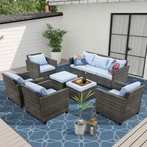Ainfox Outdoor Patio Furniture Seating Set, 7 Pieces Sectional Conversation Set, Wicker Rattan Chairs Sofa Sets（Blue）