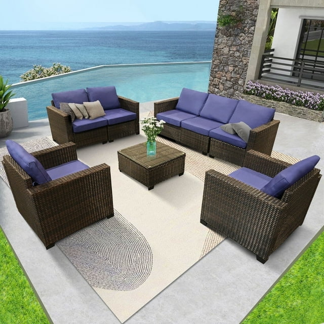 Walmart savings: Ainfox 7-Piece Outdoor Patio Furniture Set, Wicker Rattan Sofa Seating with Metal Deck (Blue)