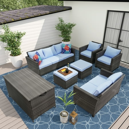 Ainfox Outdoor Patio Furniture Seating Set, 7 Pieces Sectional Conversation Set, Wicker Rattan Chairs Sofa Sets+ Free 120 Gallons Storage Deck Box（Blue）