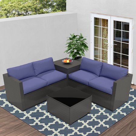 Ainfox 4 Pcs Outdoor Patio Furniture Set, Sectional Sofa with Steel Frame, Glass Table & Storage Box, Blue