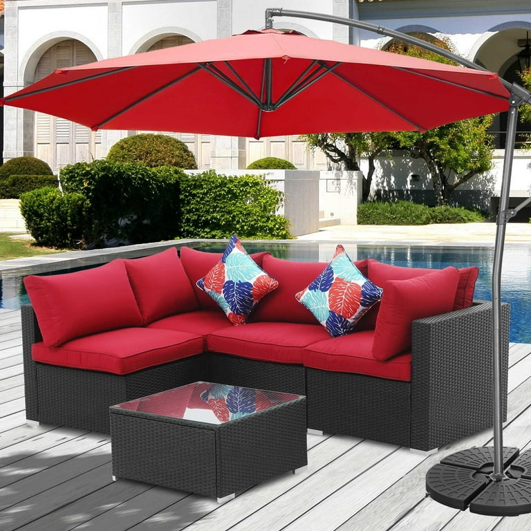 Ainfox Outdoor Patio Sectional Sofa Set Wicker Sofa 5pcs Red sofa umbrella