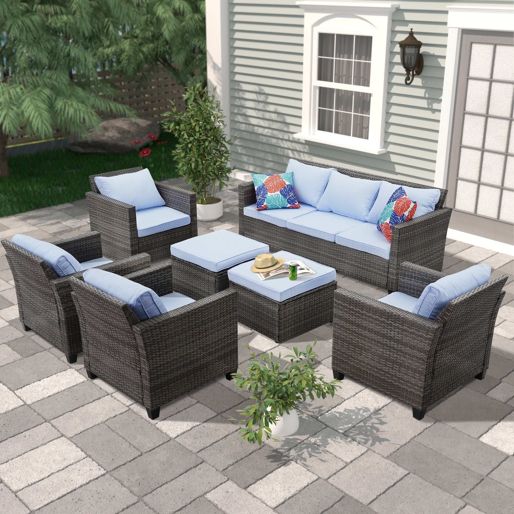 Ainfox Outdoor Patio Wicker Sofa Sectional Ratton Sofa Set. Light Blue