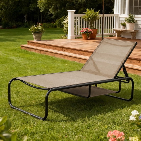 Ainfox Patio Chaise Lounge Chair with Hidden Storage, Outdoor Pool Lounge Recliner with 5 Adjustable Positions, Breathable Textilene Fabric, Metal Frame for Backyard, Poolside, Beach, Brown