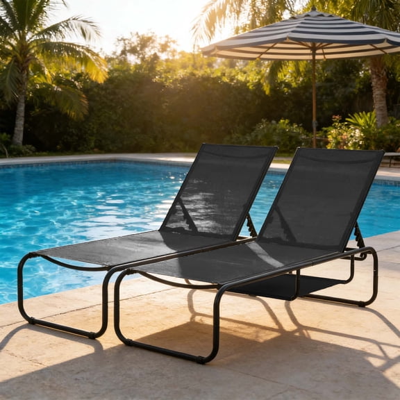 Ainfox Patio Chaise Lounge Chair Set of 2, 5 Adjustable Positions Outdoor Recliner with Hidden Storage, Breathable Textilene Fabric Steel Frame,Black