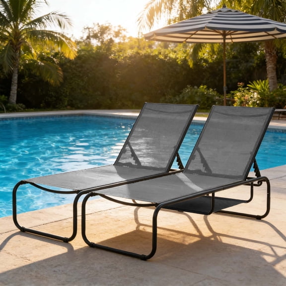 Ainfox Steel Hidden Storage and 5 Adjustable Positions Outdoor Chaise Lounges - Set of 2 Gray (Umbrella Included)