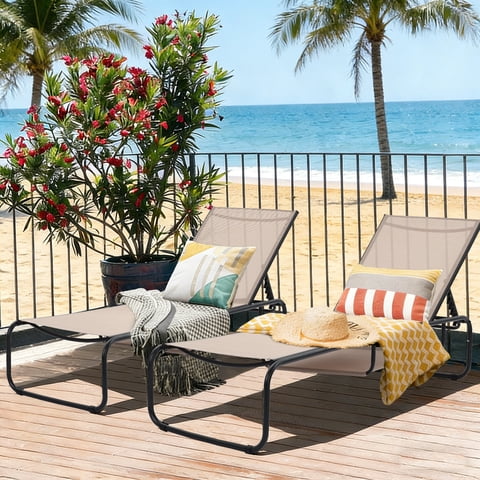 Ainfox Patio Lounge Chair Set of 2, Recliner with Adjustable 5-Position and Storage, Outdoor Chaise Lounge for Beach,Poolside,Brown/Brown