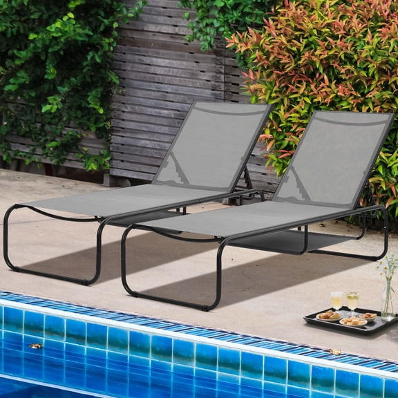 Ainfox Patio Lounge Chair Set of 2, Recliner with Adjustable 5-Position and Storage, Outdoor Chaise Lounge for Beach,Poolside,Grey/Grey