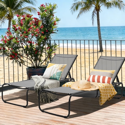 Ainfox Patio Lounge Chair Set of 2, Recliner with Adjustable 5-Position and Storage, Outdoor Chaise Lounge for Beach,Poolside,Grey/Grey