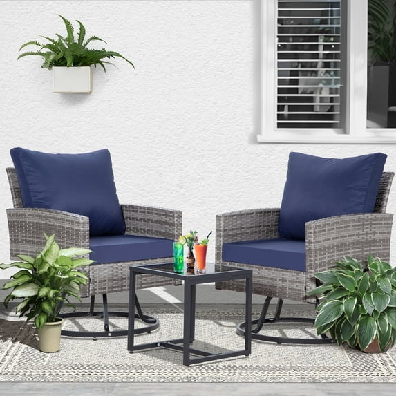 Ainfox Patio Swivel Bistro Set,3-Piece Ourdoor Furniture Set,Wicker Rattan Coversation Rocking Chairs w/Glass Top Table & Cushions,Blue