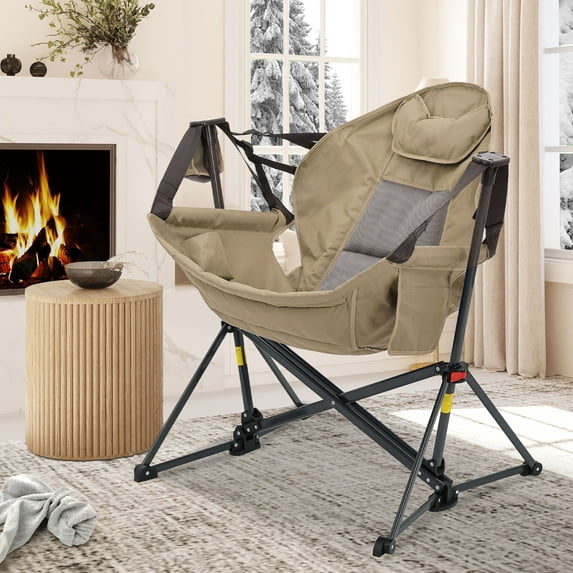 Ainfox Portable Hammock Camping Chairs with Pockets, Cup Holder, Headrest Cushion Pillow, Rocking, Fodable, Brown