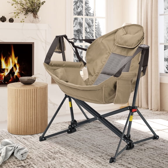 Ainfox Portable Hammock Camping Chairs with Pockets, Cup Holder, Headrest Cushion Pillow, Rocking, Fodable, Brown