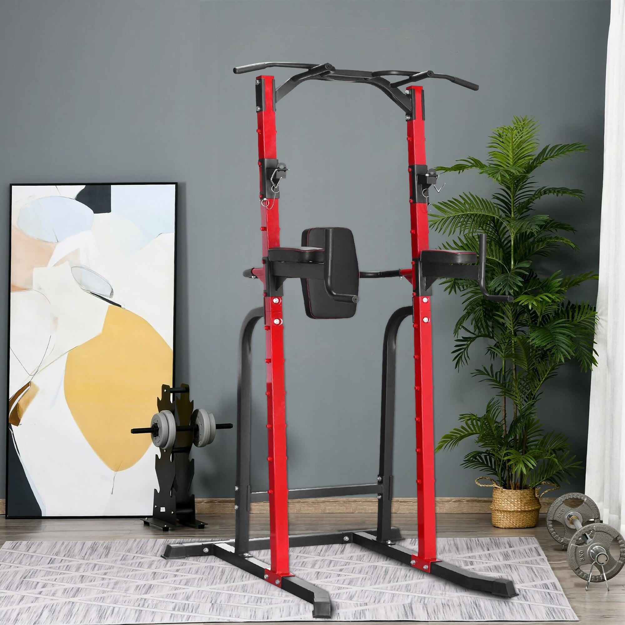 Red and Black Multi-Function Power Tower with Adjustable Backrest
