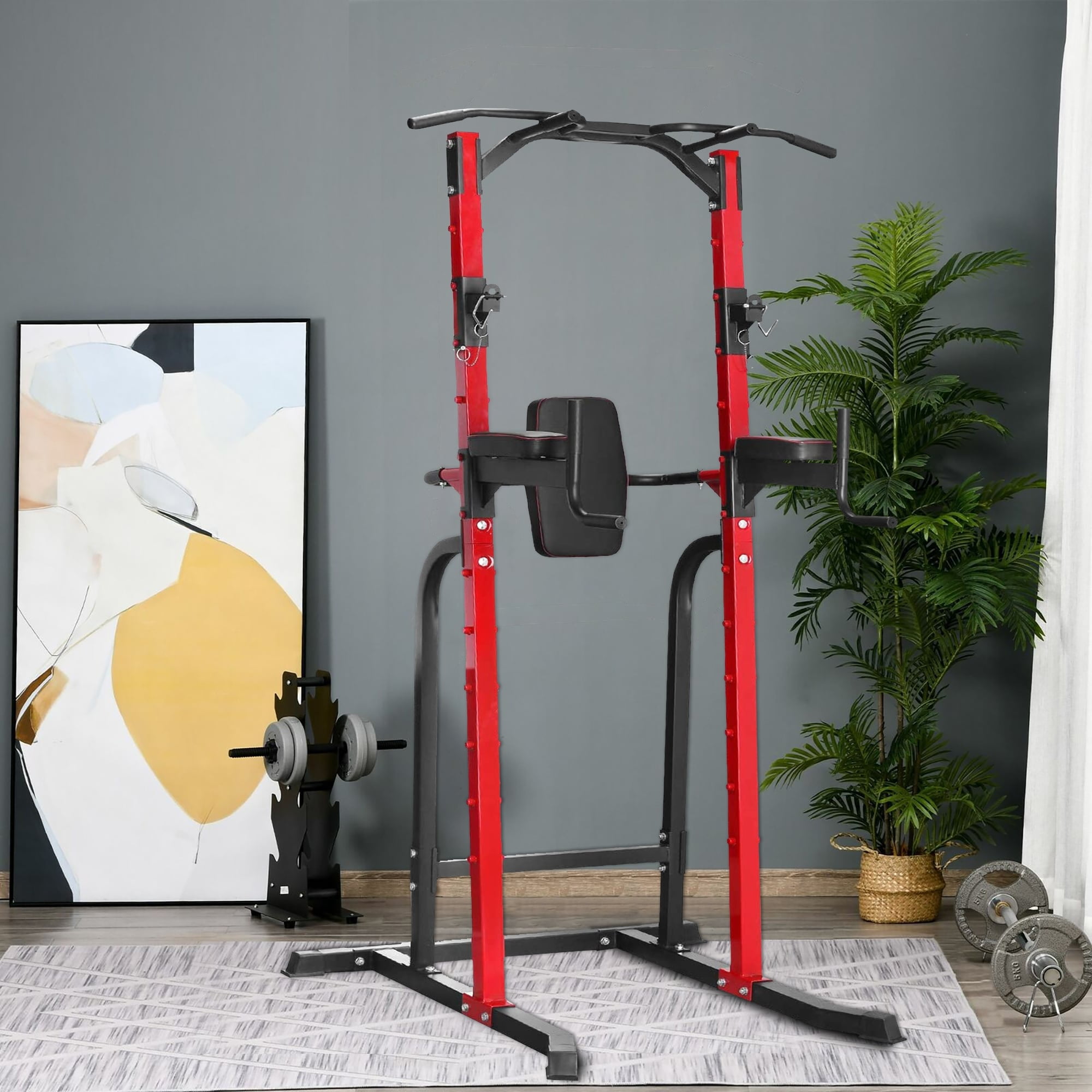 Red and Black Multi-Function Power Tower with Adjustable Backrest