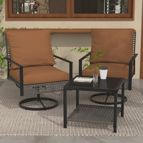 Ainfox 3-Piece Ourdoor Furniture Set- Premium Patio Swivel Bistro Set, Wicker Rattan Coversation Rocking Chairs w/Glass Top Table & Cushions,Brown
