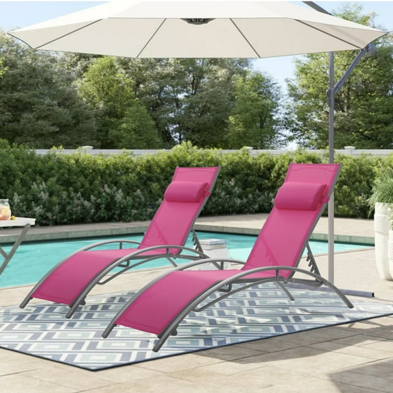 Ainfox Set of 2 Patio Lounge Chairs Adjustable Chaise Lounges Recliner for Patio, Garden, Backyard, Beach,Poolside(Pink)