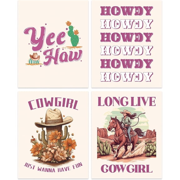 Aingg 4PCS Cowgirl Wall Poster Set Western Cowboy Painting Picture Howdy Riding Cactus Wall Prints Retro Posters for Living Room Dormitory Bedroom Kitchen Wall Decor Unframed