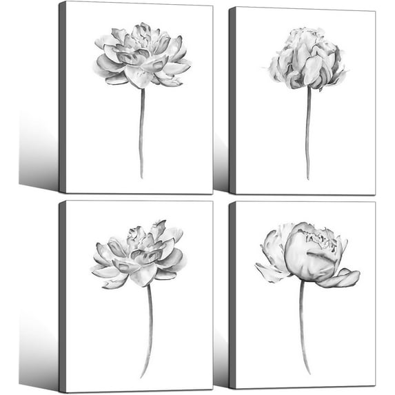 Aingg 4Pcs Floral Wall Art Canvas Prints Minimalist Abstract Line Art Wood Frame Poster Bedroom Living Room Dining Room Kitchen Bathroom Office Bar Decor Gallery Style