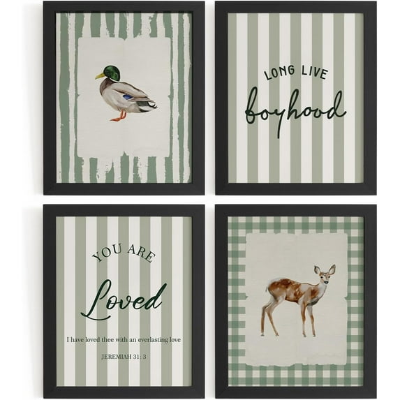 Aingg 4Pcs Vintage Nursery Boys Kid Play Room Brown Wall Art Decor, Long Live Boyhood Retro Woodland Animals Posters for Kids Nursery Toddler Room Playroom, Unframed