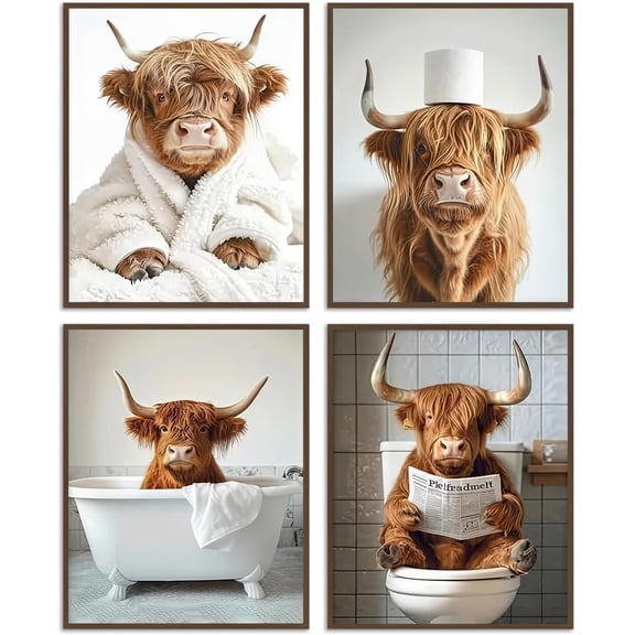 Aingg 4pcs Highland Cow Wall Art Picture, Funny Cow Bathroom Bathtub Picture Print, Whimsical Toilet Animal Wall Decor Poster, Unframed