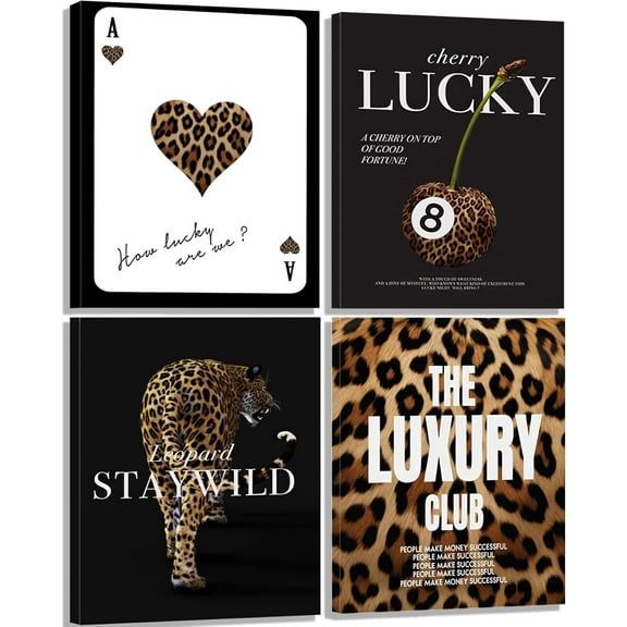 Aingg 4pcs Trendy Leopard Prints Wall Art Lucky 8 Ball Poster Preppy Room Stay Wild Cheetah Canvas Pictures Luxury Club Poster for Girls Bedroom Apartment Dorm Wall Decor Unframed