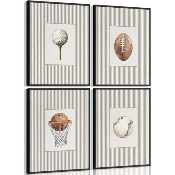 Aingg 4pcs Vintage Sports Wall Art Striped Baseball Football Golf Basketball Posters Artwork Grey Ball Painting Pictures Wall Decor for Boys Bedroom Nursery Unframed