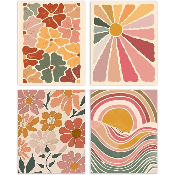 Aingg Boho Abstract Floral Sun Wall Art Poster Prints for Home Living Room Bedroom Decor, Vintage Bohemian Botanical Flower Pink Sunshine Decorations Prints Wall Art Unframed 4pcs