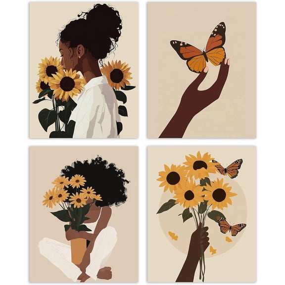 Aingg Boho Black Girl Woman Sunflower Wall Art Poster Prints for Home Living Room Bedroom Decor, African American Woman Butterfly Decorations Wall Art Unframed 4pcs, Black Woman Gifts