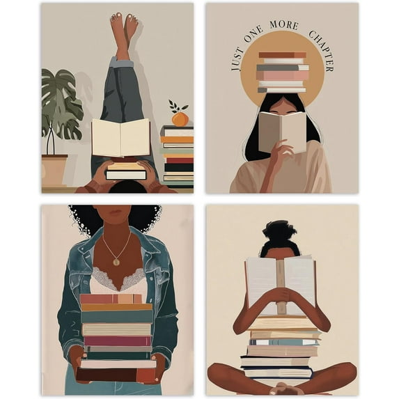 Aingg Boho Black Women Reading Wall Art Poster Prints for Library Reading Room Classroom Decor, Just One More Chapter Book Club Decorations Prints Wall Art Unframed 4pcs, Book Lovers Gifts