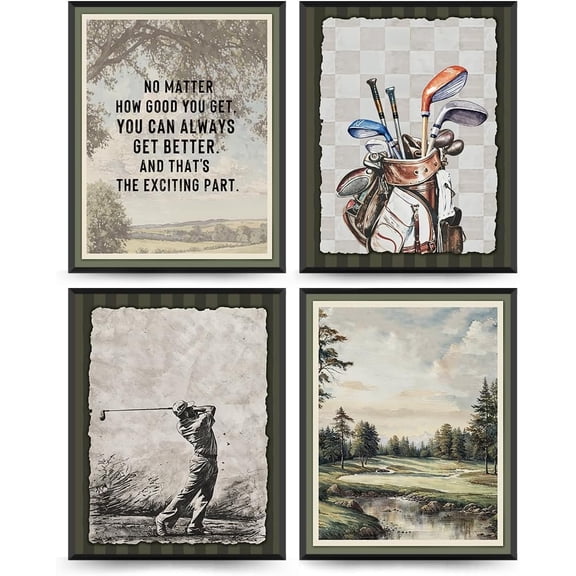 Aingg Golf Sportsspirational Wall Art Decor, Motivational Poster Prints, Rustic Retro Landscape Sports Wall Decorations for Playroom Boys Room Unframed 4Pcs