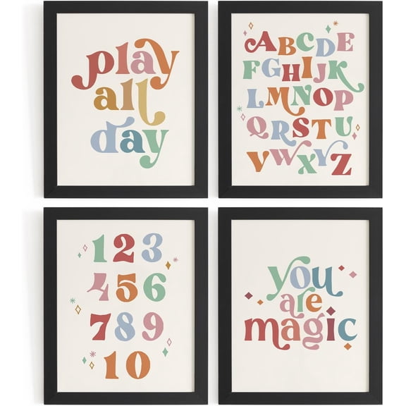 Aingg Playroom Decor, Colorful Kids Nursery Toddler Room Wall Art Prints 4Pcs, Pastel Striped Kids Play Room Posters for Toddler Boys Girls Kid Nursery Room Bedroom Playroom, Unframed
