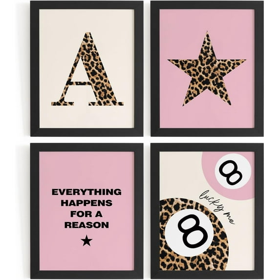 Aingg Preppy Pink Leopard Cheetah Room Decor Y2K Cheetah Posters for College Dorm Wall Art Prints 4Pcs,itial P Personalized Pink Lucky 8 Ball Poster for Teen Girls Bedroom Bathroom Unframed
