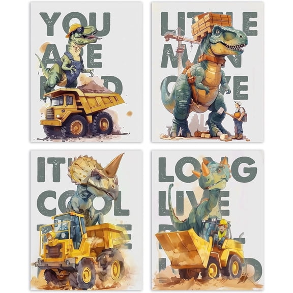 Aingg Retro Dinosaur Vehicle Tractor Wall Art Poster Prints for Home Living Room, Dinosaur Room Decor for Boys,spirational Quote Toddler Boy Wall Art Unframed