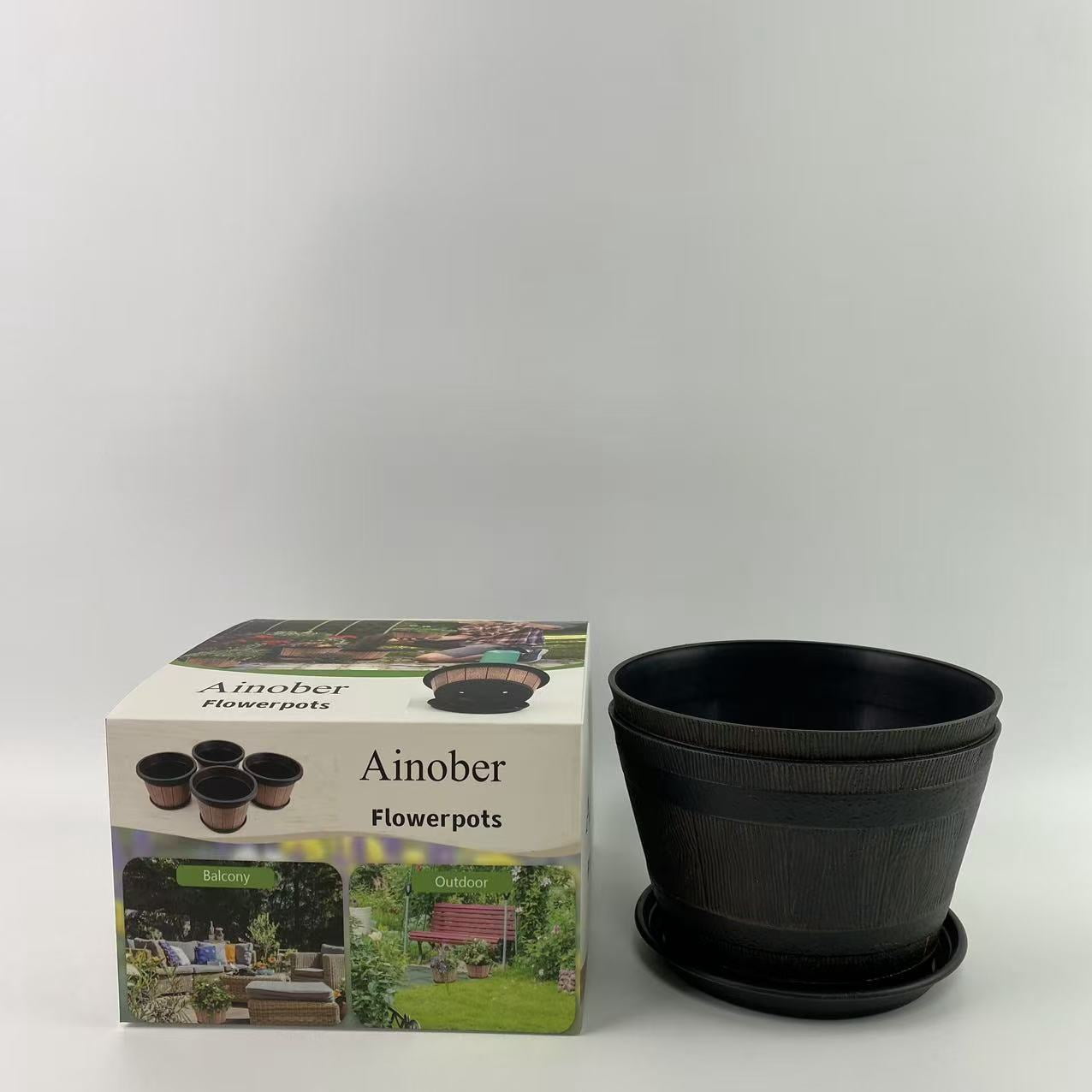 Ainober Flowerpots,10 inch Plant Pots,Plastic Decoration Flower Pots Imitation Wine Barrel Design, for Indoor & Outdoor Garden Home Plants (Brown)