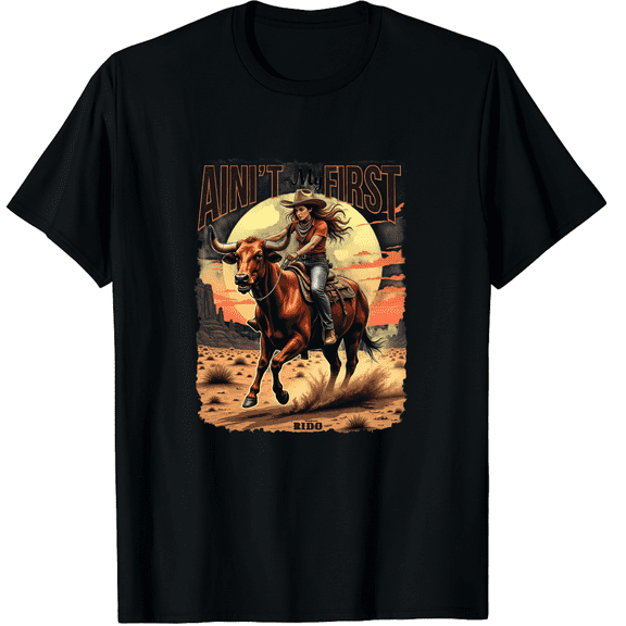 Aint My First Rodeo Bull Riding Cowboy Western Funny Rider Graphic Black T-Shirt for Men and Women