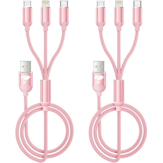 Aioneus 2 Pack 3 in 1 Multi Charging Cable, 3A Fast Charging with USB C, Micro USB Cables Compatible with iPhone iPad Samsung, Pink